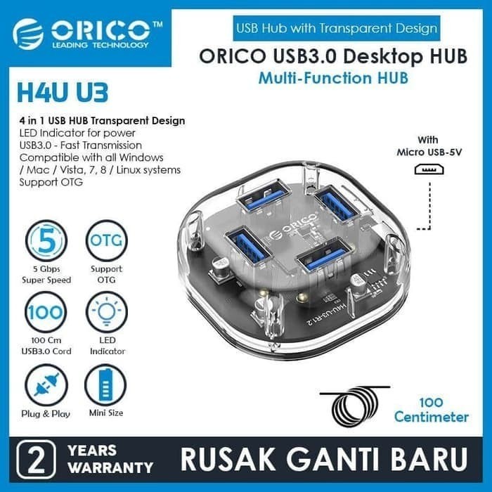 Usb A 3.0 hub orico 4 port 5Gbps VL817 transparent 1m cable h4u-u3 - Terminal usb3.0 4 slot transparan