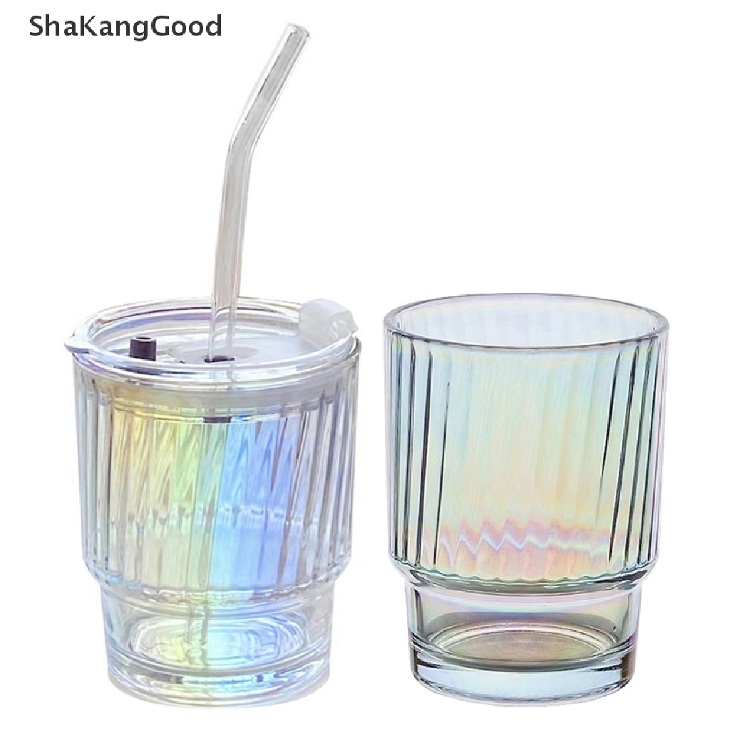 Gelas Kaca Iridescent SKID 400ML Dengan Tutup Straw Beer Juice Milk Tea Glass Cups SKK