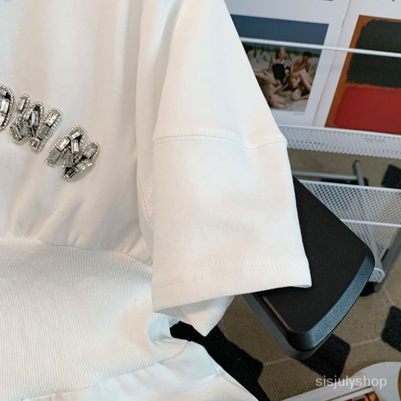 #Sisjuly# Gaun kaos lengan pendek tipis rantai huruf berlian gaya Prancis baru wanita pinggang model