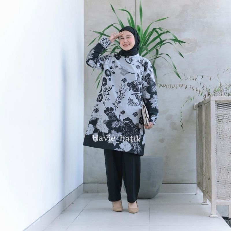 Baju Batik Wanita Atasan Motif Bunga Abu Tunik