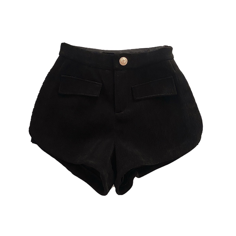 Red Palsu Saku Pinggang Tinggi Satu Kancing Luar Pakaian Santai Celana Wanita Musim Dingin 2022 Versi Korea All-Match Hitam Corduroy celana Pendek