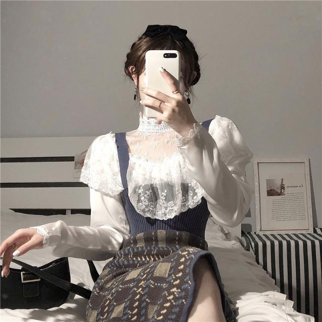 Red Setelan dua potong Chic retro pinggang tinggi celah rajutan jamur tidak teratur tas pinggul suspender rok kemeja lapangan