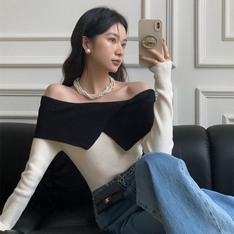 Red Retro color-blocking one-shoulder temperamen sweater 2022 musim gugur dan musim dingin baru Bahasa Perancis Hepburn sweater asing gaya top wanita