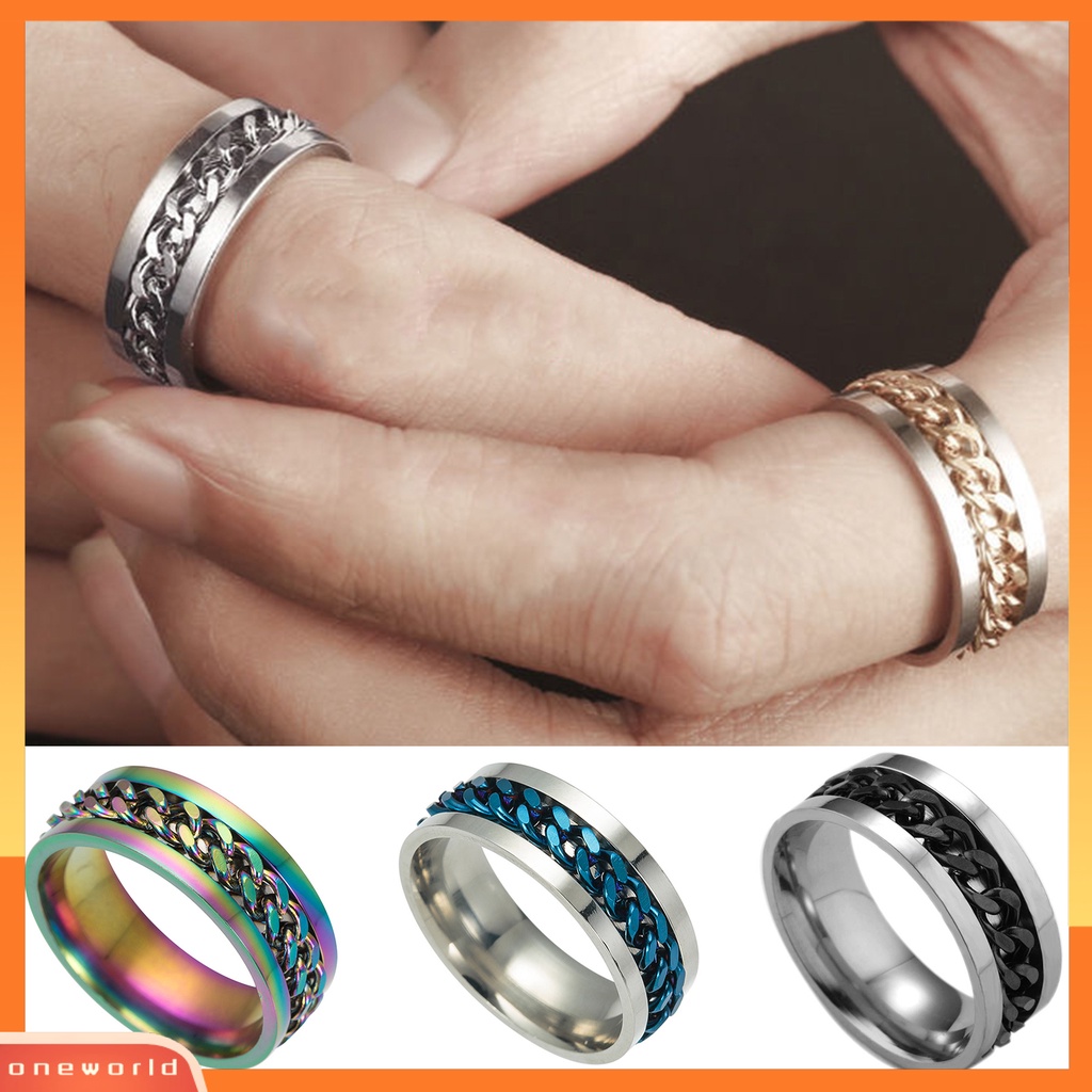 {oneworld} Indah Pria Rantai Warna-Warni Punk Stainless Steel Spinner Pernikahan Band Cincin