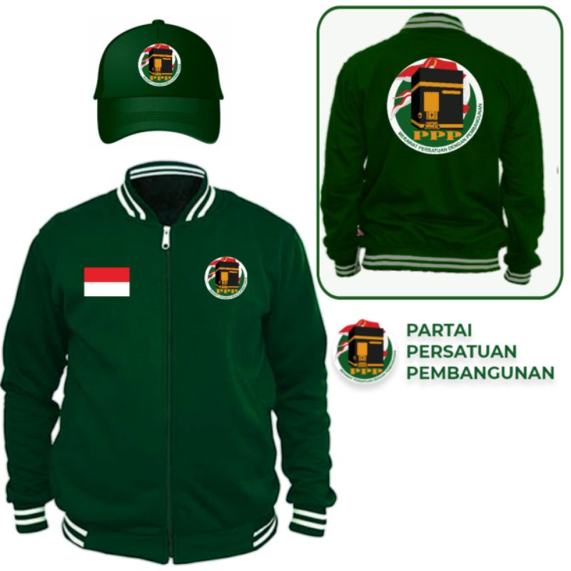 Jual Jaket Varsity Partai Ppp Hijau Botol Bahan Cotton Fleece Tebal