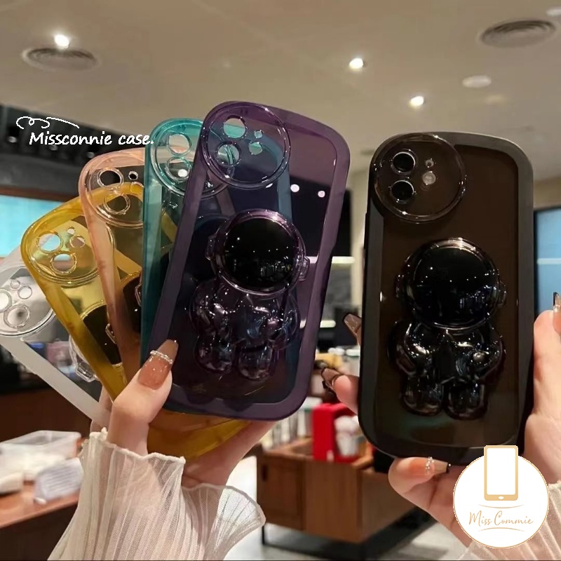 IPHONE Kartun Astronot Bracket Phone Case Kompatibel Untuk Iphone6 6s 7 8 Plus 11 14 12 13 Pro MAX XR 14Plus X XS MAX SE 2020 Shockproof Airbag Soft TPU Back Case Dengan Phone Stand Holder