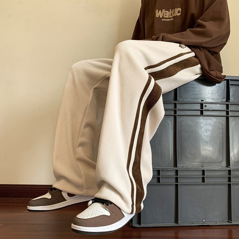 Red Musim Gugur dan Musim Dingin Fleece Kasual Celana Wanita High Street Pasangan Gaya BF All-Match Lebar Kaki Olahraga lurus Celana In Keren