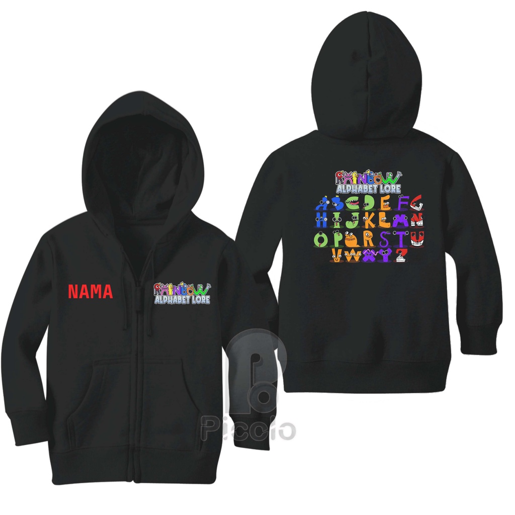 (FREE NAMA) SWEATER HOODIE ZIPPER ANAK MOTIF ALPHABET RAINBOW FRIENDS UNISEX