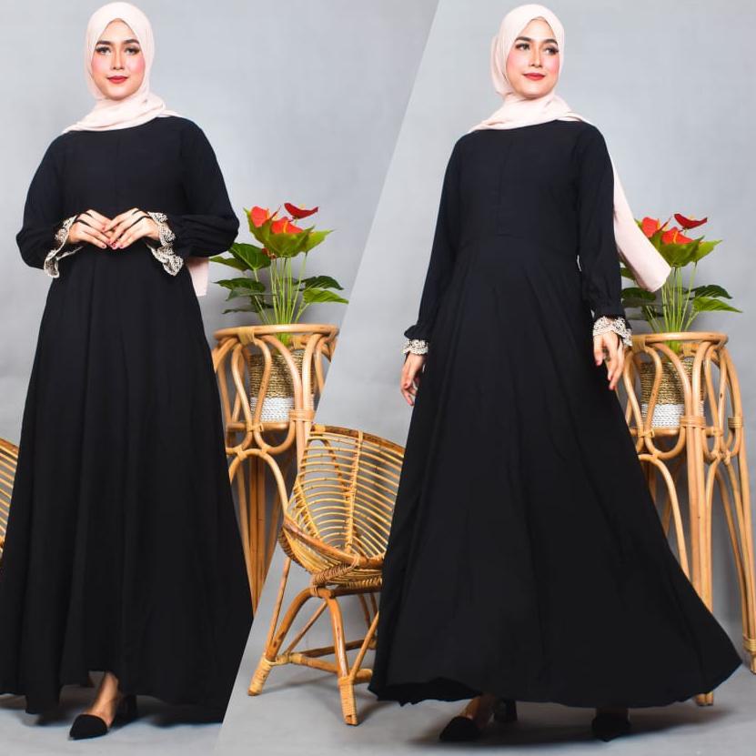 Booming Gamis Jetblack Premium tangan renda Jetblack Leuwitex