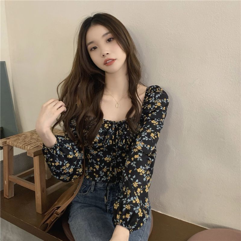 Red French square collar floral long-sleeve shirt women s autumn unique chic top slim fit short design niche shirt