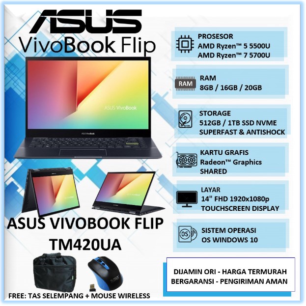 Laptop Touchscreen Asus Vivobook Flip TM420UA AMD Ryzen 5 Ryzen 7 Ram 12GB SSD 512GB 14" FHD Win10Ho