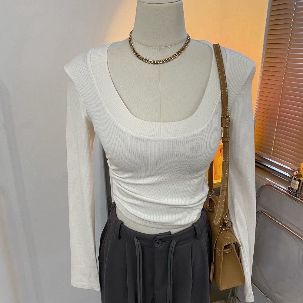 Red Ini sangat bagus untuk dipakai di dalam dan di luar ~ rendah U-neck garis leher besar pit strip bulu hangat pendek pullover T-shirt musim dingin wanita kemeja bottoming