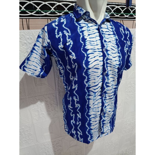BATIK LENGAN PENDEK/BATIK PRINTING WARNA BIRU/BAJU BATIK LENGAN PENDEK/BATIK SERAGAM SEKOLAH