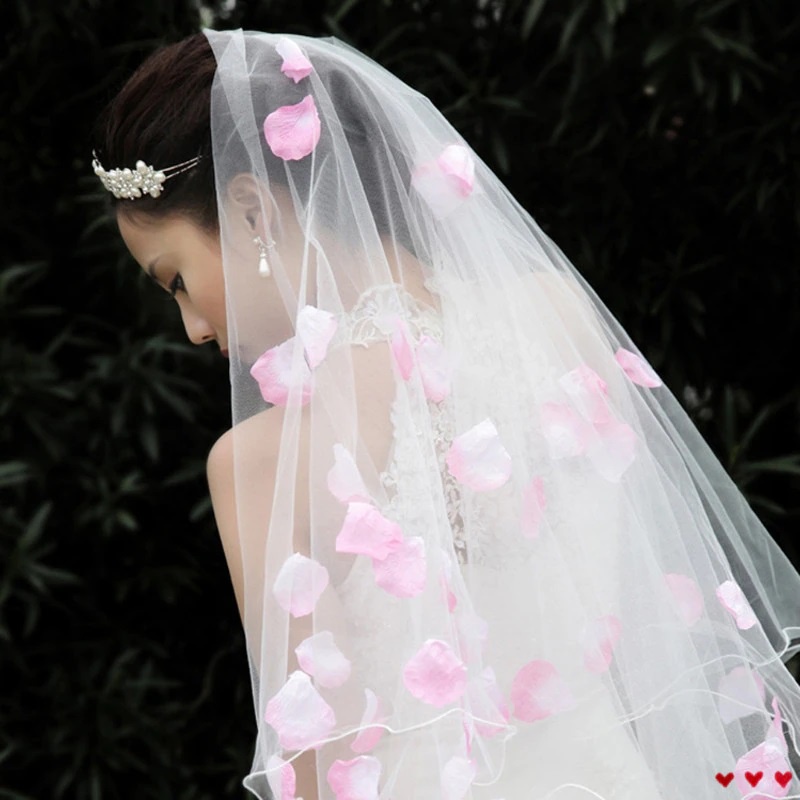 SR114 Veil mawar Romantic Wedding Veil dengan kelopak mawar pink