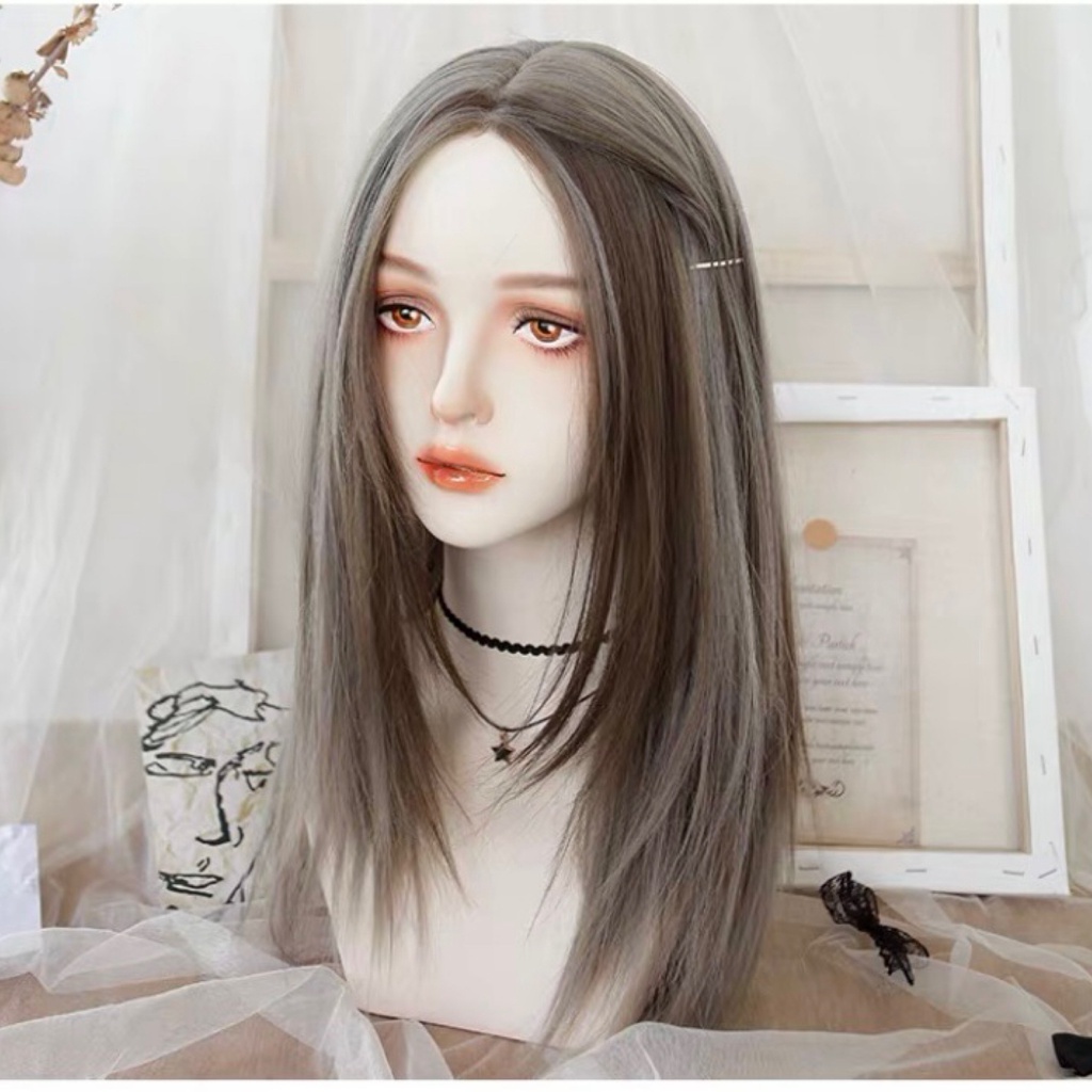 C7025 full wig korean layer straight ash grey 55 cm