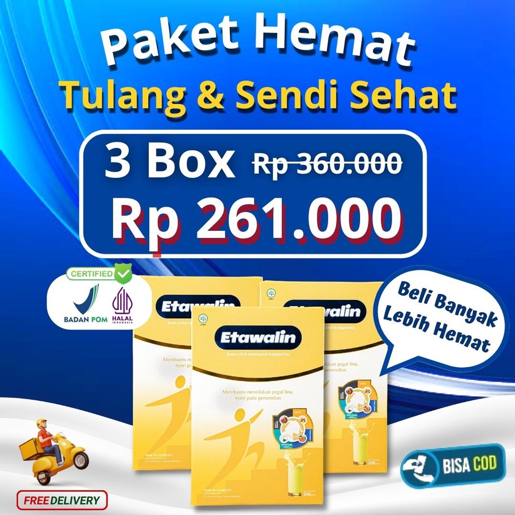 

Etawalin Paket 3 Box Susu Kambing Etawa Premium Mengobati Nyeri Sendi dan Asam Urat 200 Gram