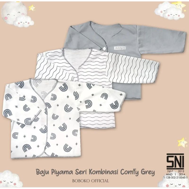 3pcs Atasan Panjang Kancing Depan Boboko Baju Piyama Polos Garis Rainbow Warna Bayi Baru Lahir  0-3bln