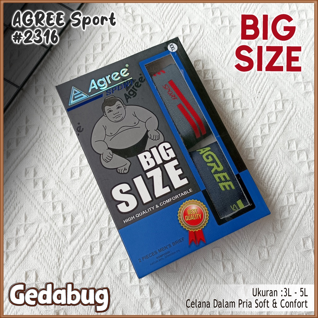 ( 2 pcs ) CD Pria AGREE 2316 JUMBO | Celan dalam Pria Segitiga karet Boxer | Big Size Gedabug