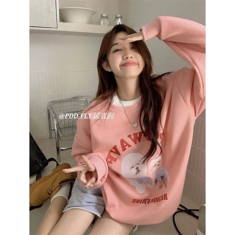 ✒American retro lembut gadis kartun anjing cetak sweater lengan panjang wanita musim gugur dan musim dingin kasual longgar all-match usia mengurangi tren teratas