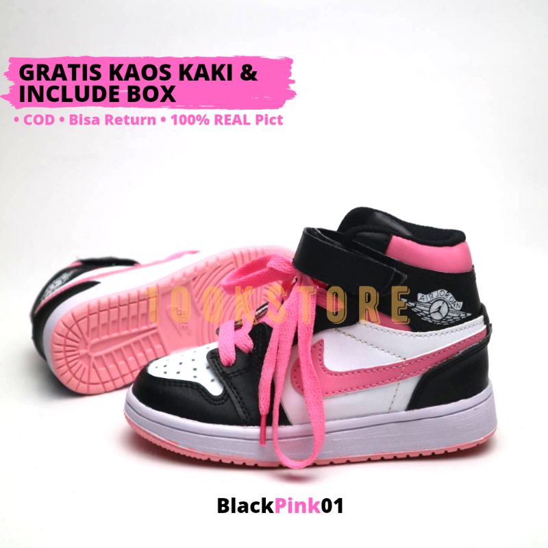 sepatu anak perempuan black pink jdn (New Produk) sneakers anak cewek jordan