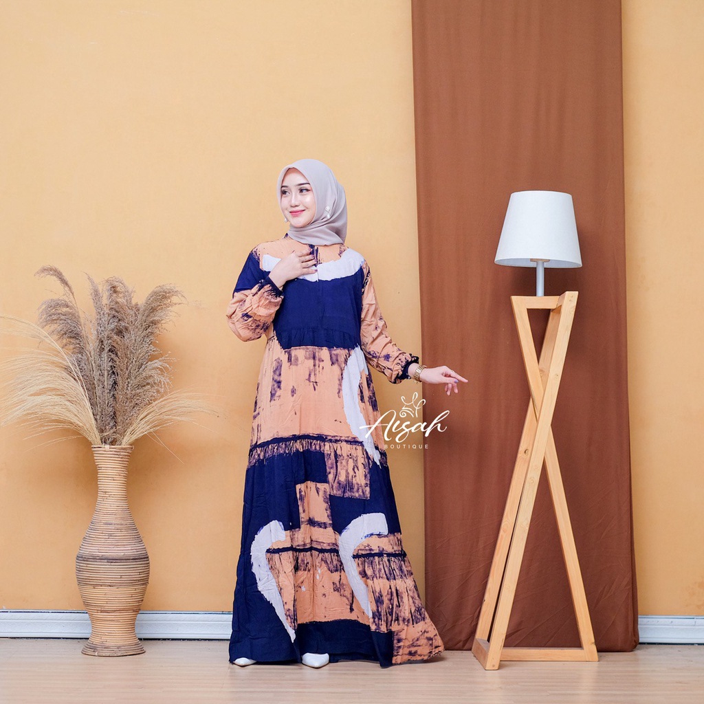 Gamis rayon super premium motif lukis dan abstrak busui friendly
