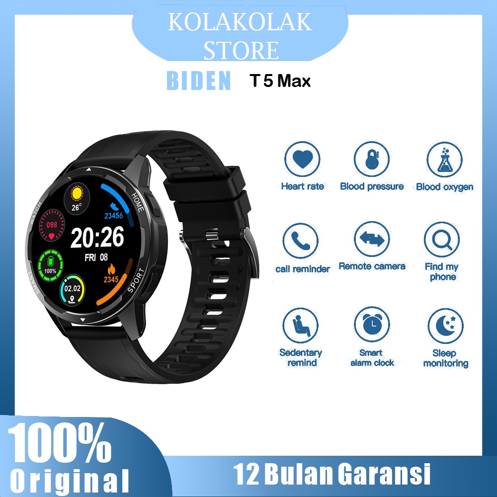 BIDEN Smart Watch Pria/Wanita T5Max Olahraga Putaran Multifungsi Dial Display Dial Tali Silikon Jam Tangan