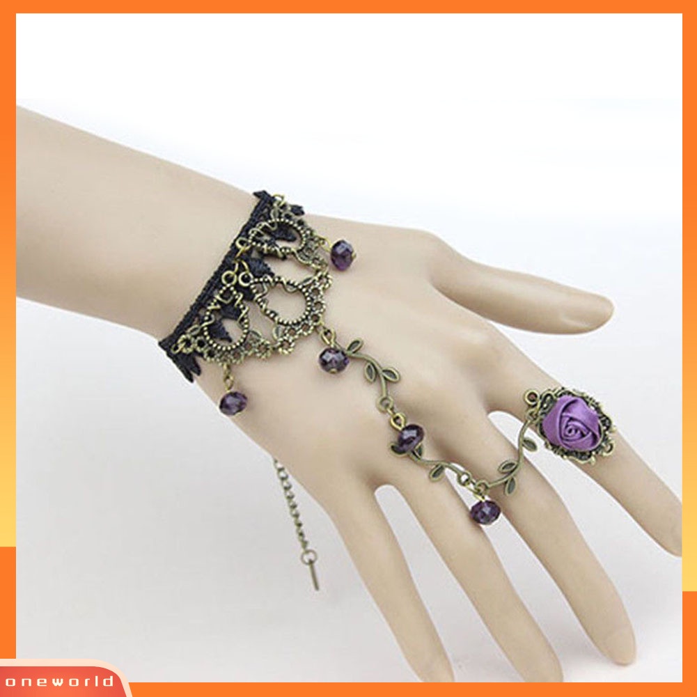 {oneworld} Gothic Perhiasan Wanita Renda Bunga Tangan Budak Rantai Cincin Harness Gelang Hadiah