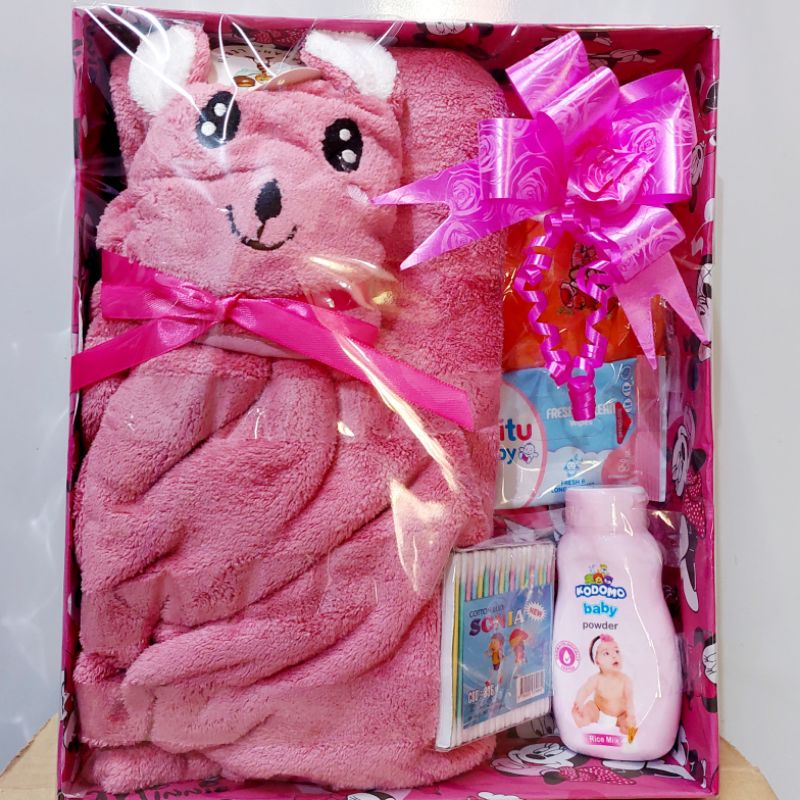 Hampers Kado bayi baru lahir set perlengkapan Mandi Bayi Handuk Karakter dan Baju bayi Tisu Bedak