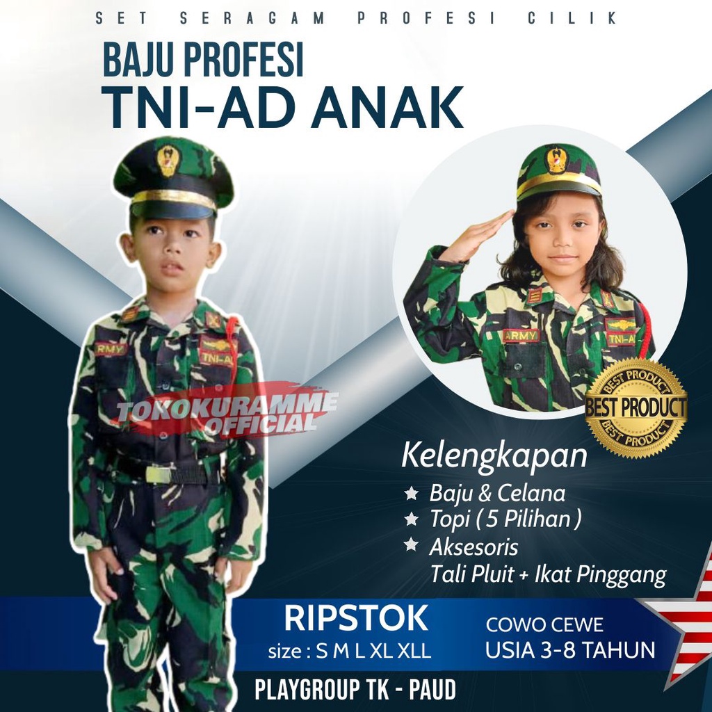 baju tni anak laki laki perempuan pocil baju profesi anak tk paud size S M L XL XXL usia 3 - 8 tahun