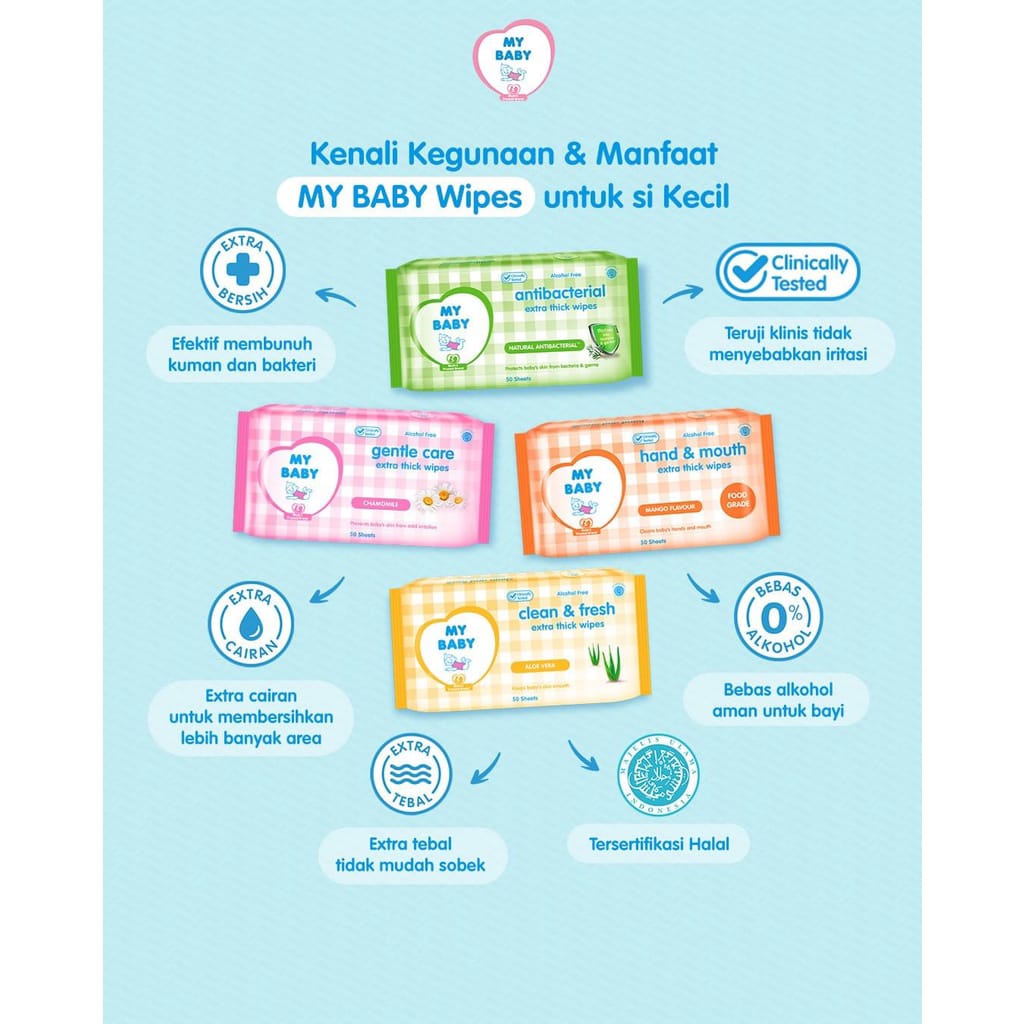MY BABY Extra Thick Wipes 50 Sheets + FREE 50 sheets | Tisu Basah Bayi | Alcohol Free | Lembut | MyBaby Arjuna