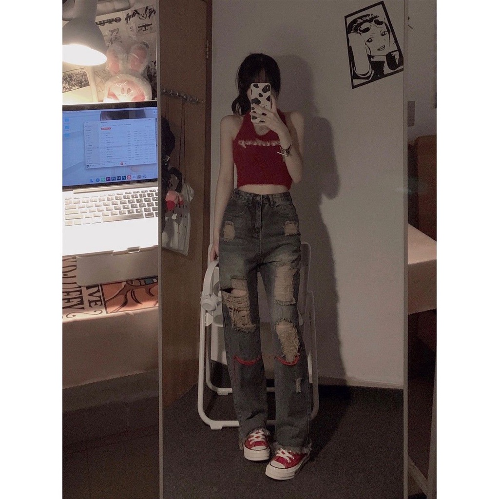 ❈Celana hiphop Amerika retro robek jins perempuan ins trendi hot gadis tinggi pinggang slim lurus mengepel celana