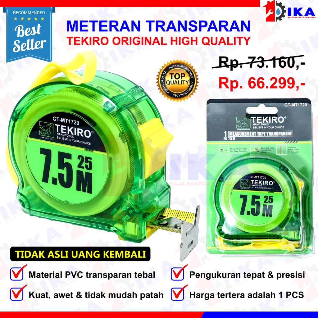 METERAN TRANSPARAN HIJAU TEKIRO 3M / 5M / 7.5M MEASUREMENT TAPE 3 5 7,5 M METER ALAT UKUR