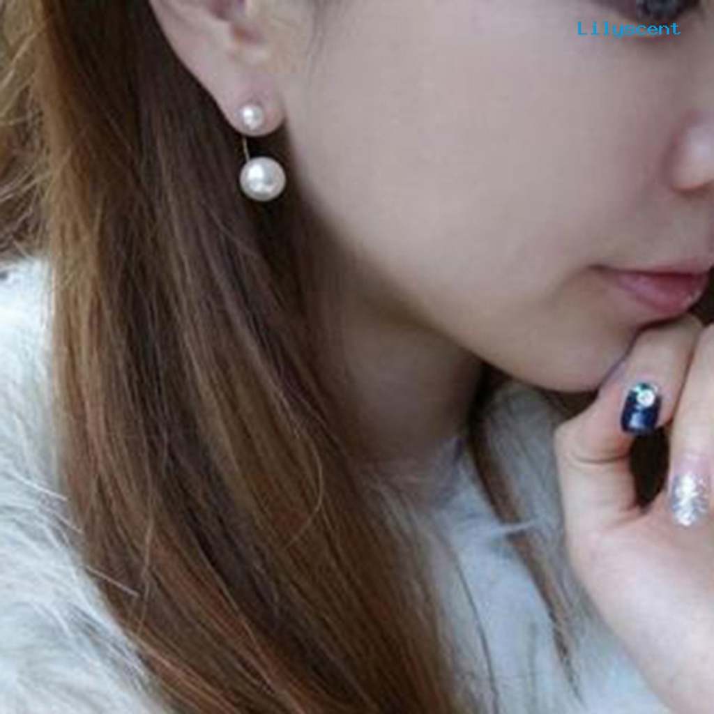 [LS] 1pasang Ear Stud Double Faux Pearl Chic Alloy Fashion Pernikahan Anting Untuk Wanita