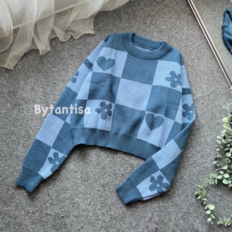 SWEATER RAJUT CROP MOTIF KOTAK LOVE SWEATER TERBARU - CROP TOP - BAHAN RAJUT PREMIUM - TERBARU