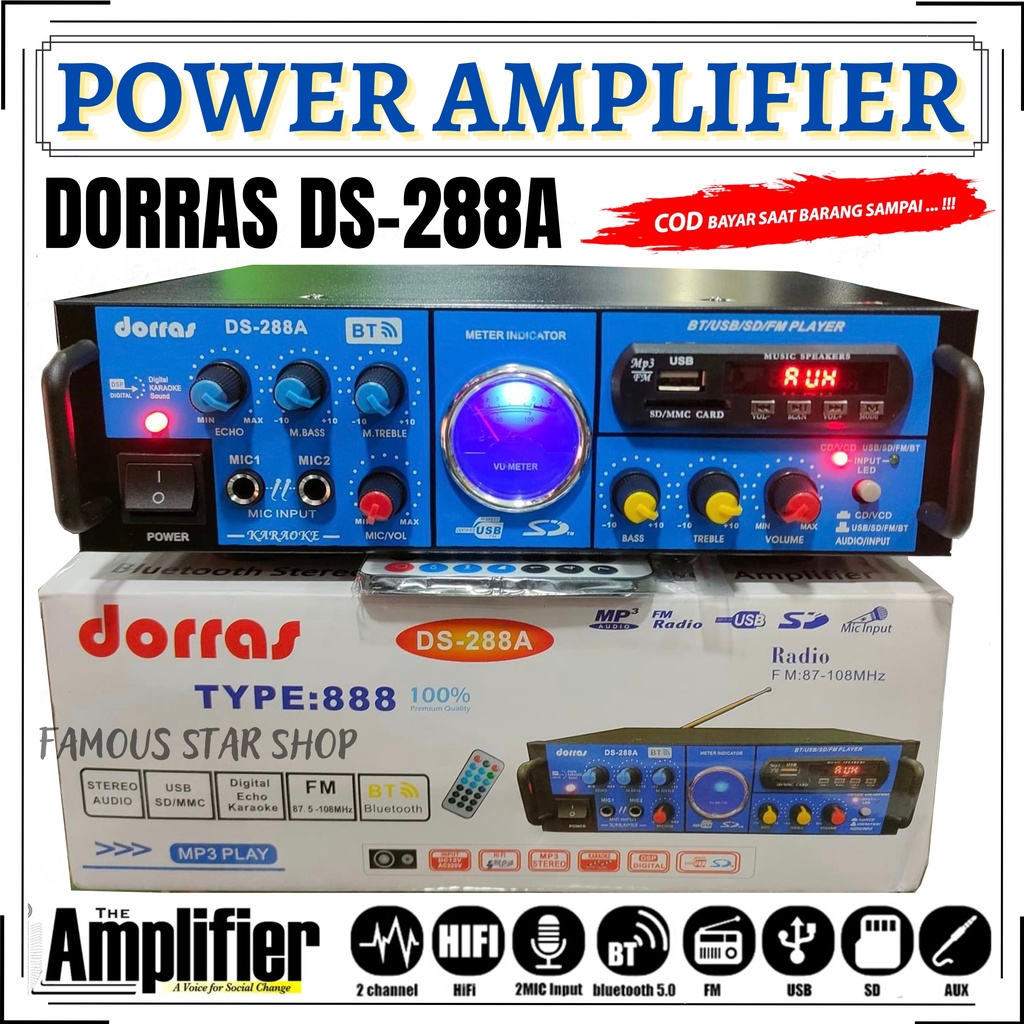 Power Amplifier AC-DC Stereo Bluetooth USB Radio Dorras DS-288A | Amplifier Dorras DS-288A Bluetooth + Stereo Karaoke + Mp3 player + FM Radio + USB - AMPLI MOBIL / AMPLIFIER MOBIL | Dorras DS-288A Power Amplifier Wireless Bluetooth Karaoke | FMS