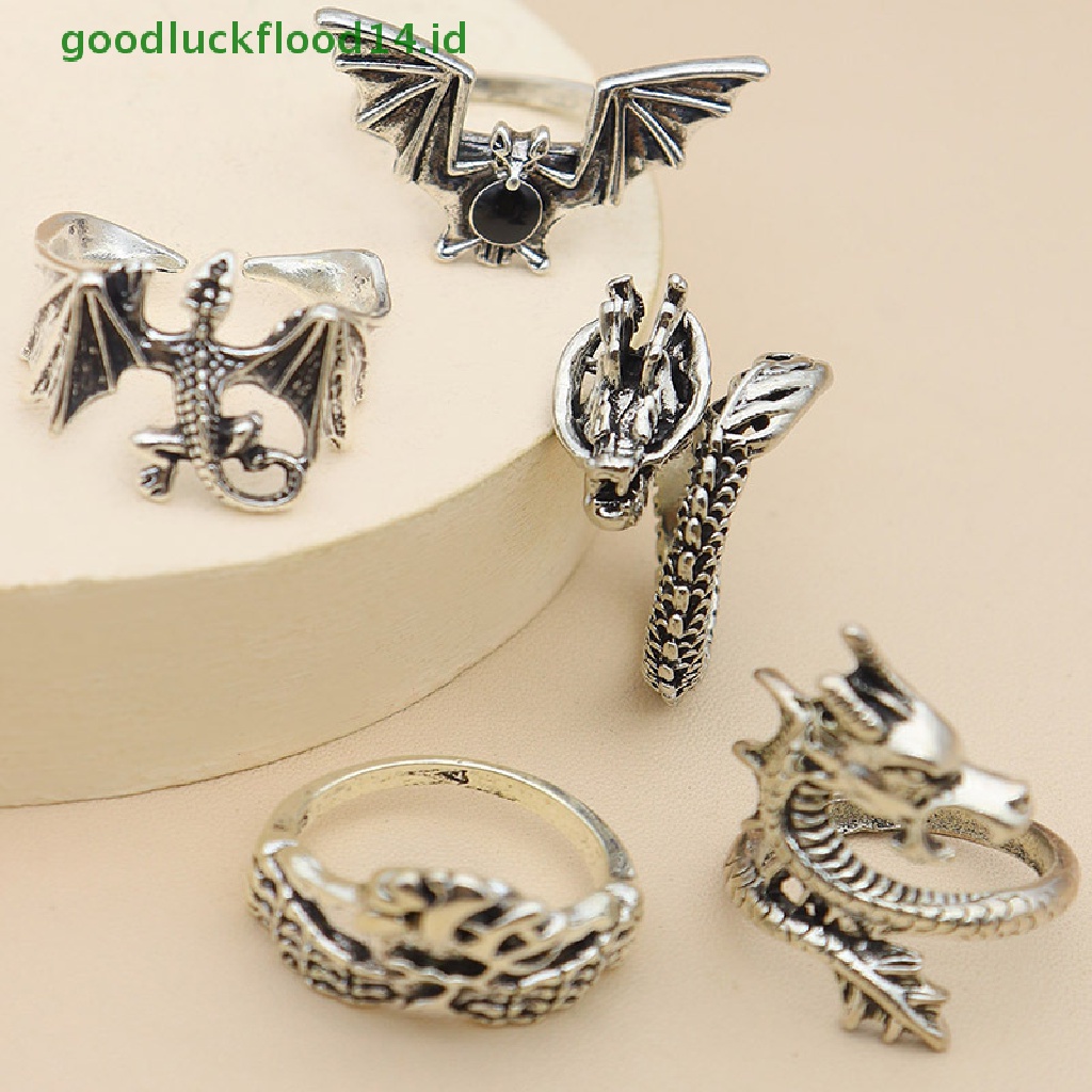 [GOOGFOUR] 5pcs/set Vintage Hip Hop Punk Naga Ular Kupu-Kupu Kelelawar Tengkorak Retro Knuckle Joint Rings Wanita Gothic Finger Ring Set Perhiasan Baru [TOP]