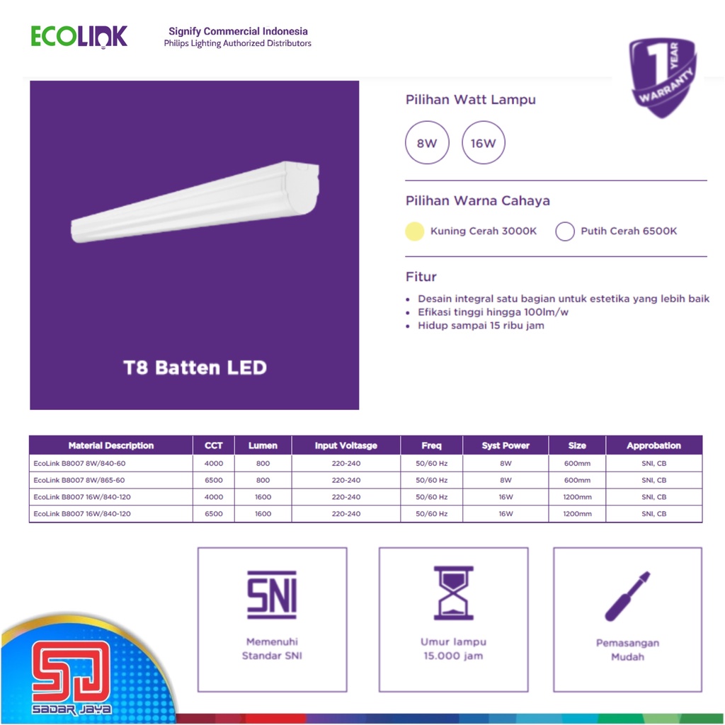 Ecolink T8 Batten 8 Watt LED Panjang 16 W Lampu Neon 8Watt 16 Watt