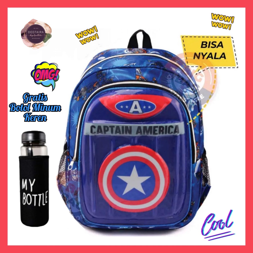 Tas Ransel Anak Laki Laki Motif 3D CapAmeric4 Led Menyala Gratis Botol Minum Keren Untuk TK &amp; Sd