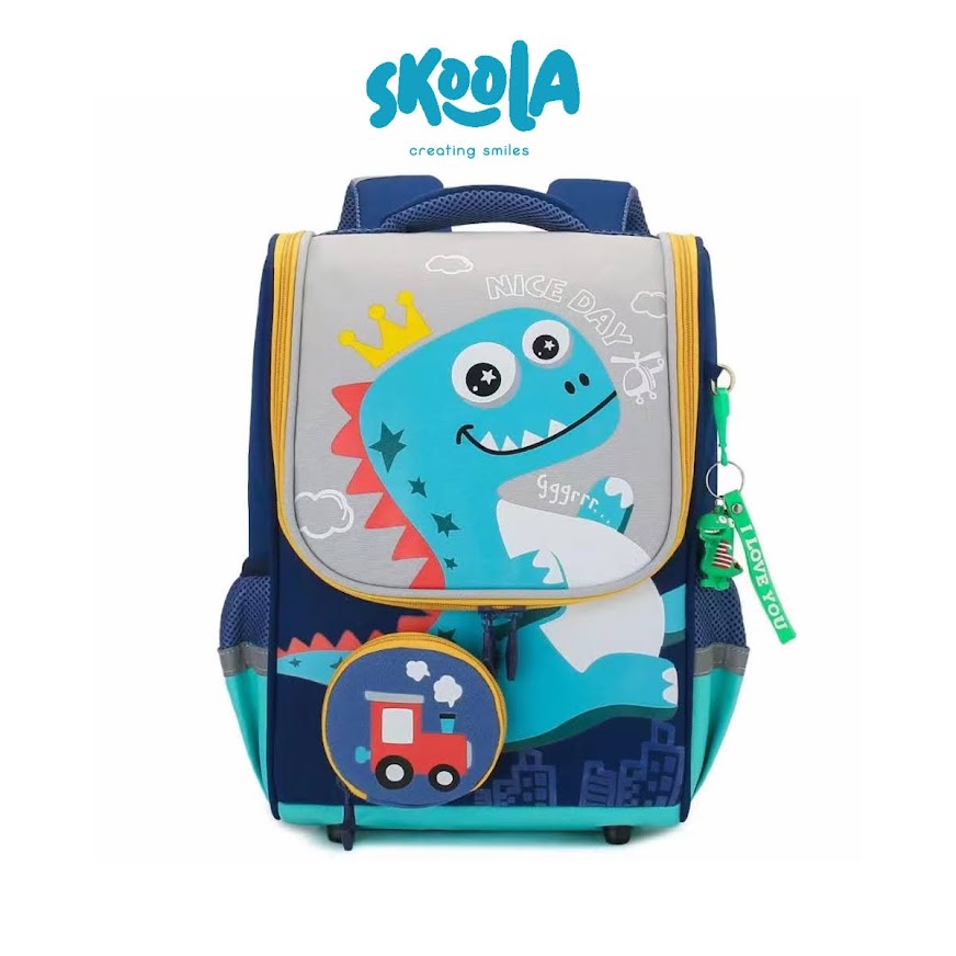 Skoola Tas Sekolah Anak Laki-Laki SD Ransel Dinosaurus Free Keychain &amp; Pouch - Kido