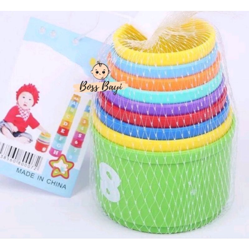 BOSS BAYI -Mainan Anak Stacking Cup / Mainan Susun Gelas 9PCS Mainan Edukasi Bayi Angka Dan Alfabet