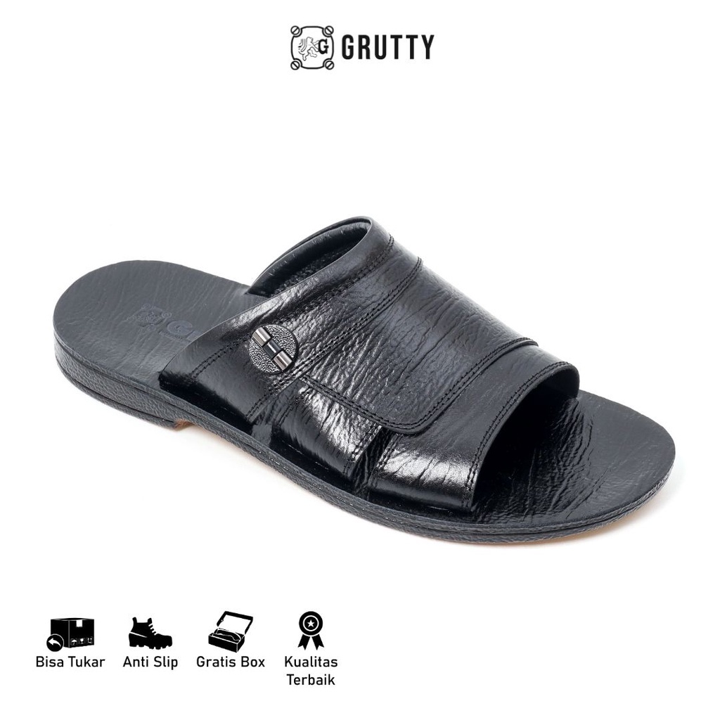 Grutty Sandal Pria Sendal Kokop Cowok Kulit Asli Casual Slide Premium Hitam