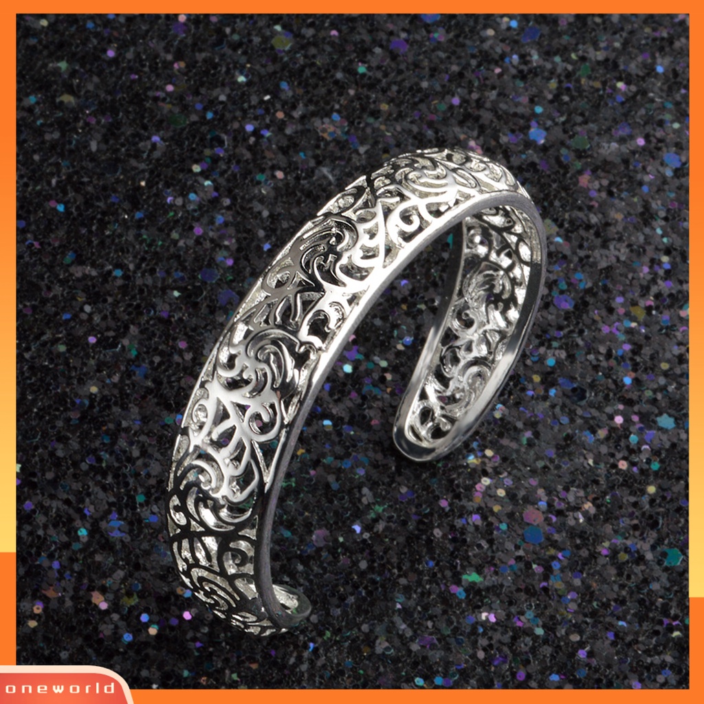 {oneworld} Gelang Cuff Bukaan Pengerjaan Indah Hollow Warna Silver Motif Ukir Retro Bangle Untuk Pesta