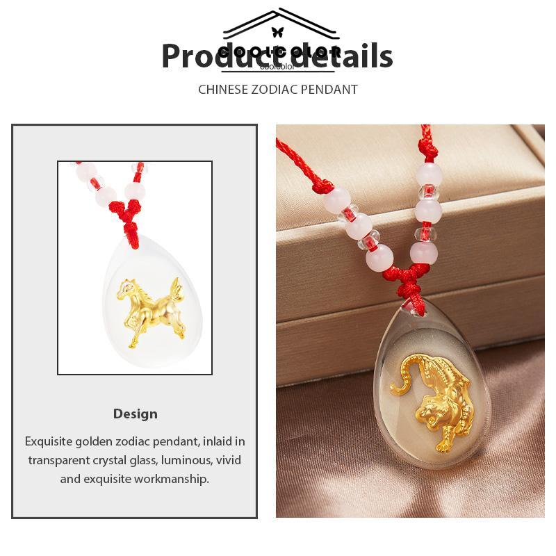 COD❤️Kalung Tali Liontin Bercahaya Kristal Liontin Zodiak Emas Indah Merah- cl