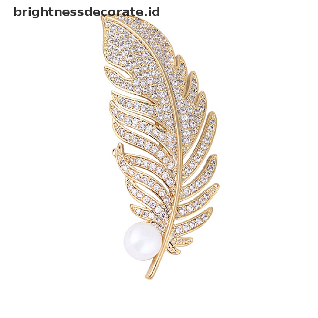 [Birth] Kristal Bulu Daun Berbentuk Bros Mutiara Pin Lencana Tas Dekorasi Perhiasan Pernikahan [ID]