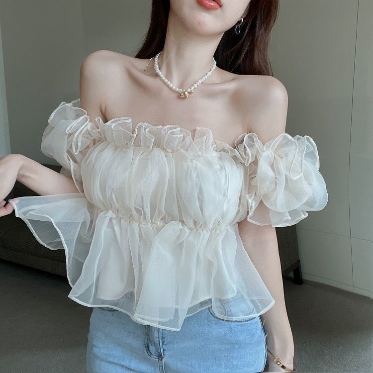 Red Satu bahu keinginan murni kemeja kecil wanita 2022 musim semi dan musim panas gaya baru tipis dan manis off-the-shoulder kerah persegi lengan engah super peri tren teratas