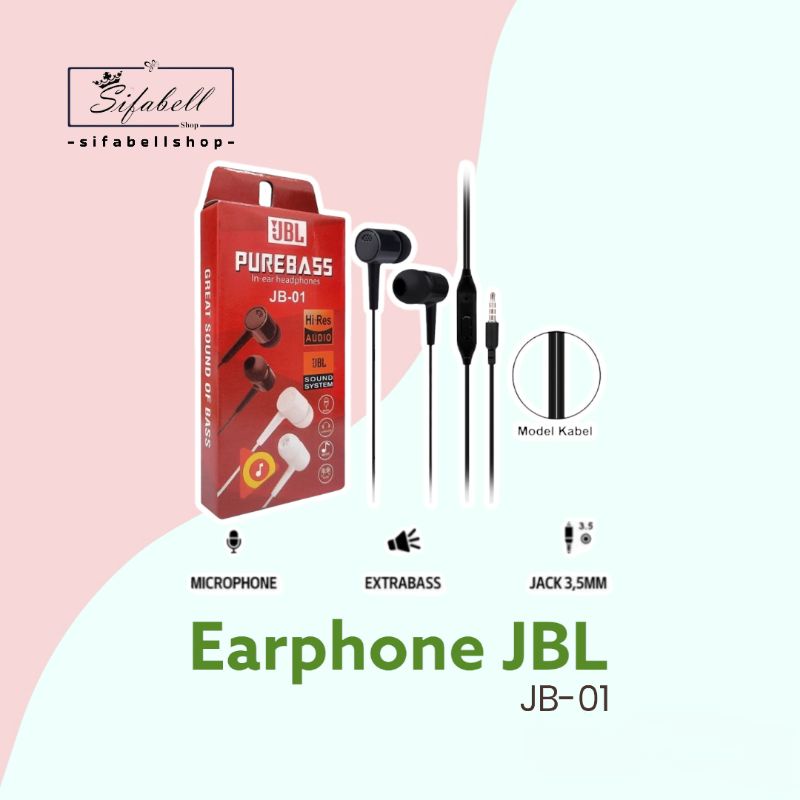 Earphone JBL JB01 Headset Handsfree In Ear HF JB-01 Purebass Hedset Kabel