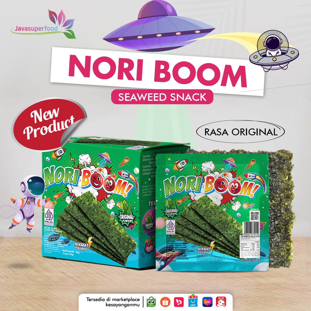 NoriBoom (1 BOX ISI 12 PCS) / Nori Sachet Seaweed Snack 3g Rumput Laut Halal