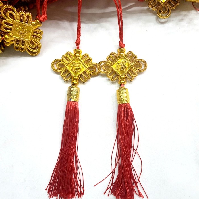 Gantungan Fu Emas Tassel Merah Tinsel Hiasan Hoki Parcel Imlek Grosir Ornamen Imlek Harga Grosir Termurah