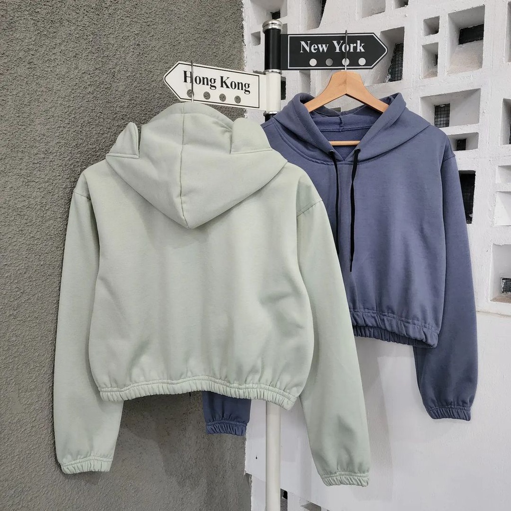 SHERVA CROOPE HOODIE BAHAN FLEECE - SWEATER CUTE EAR HOODIE CROOPE WANITA