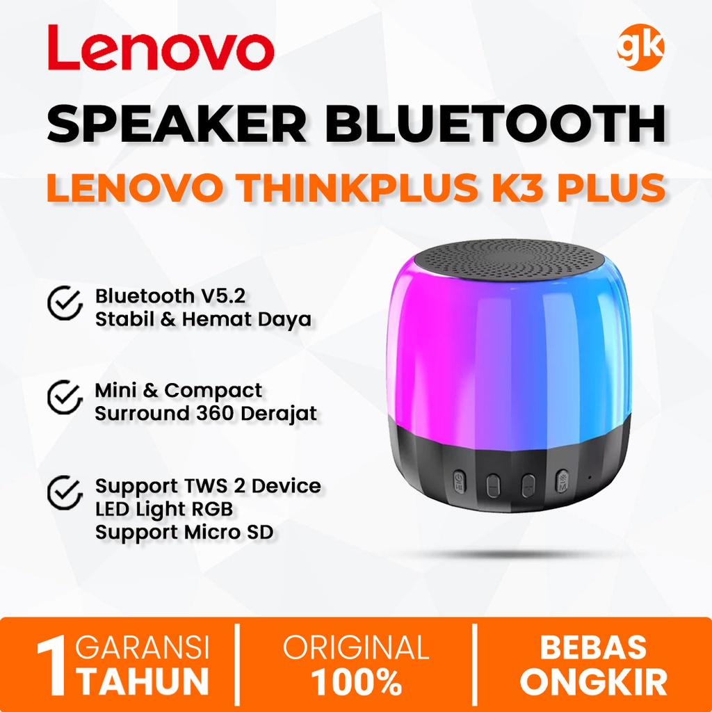 LENOVO Speaker Bluetooth Portable Thinkplus K3 Plus Mini Compact HiFi Stereo Sound RGB LED Light TWS Support